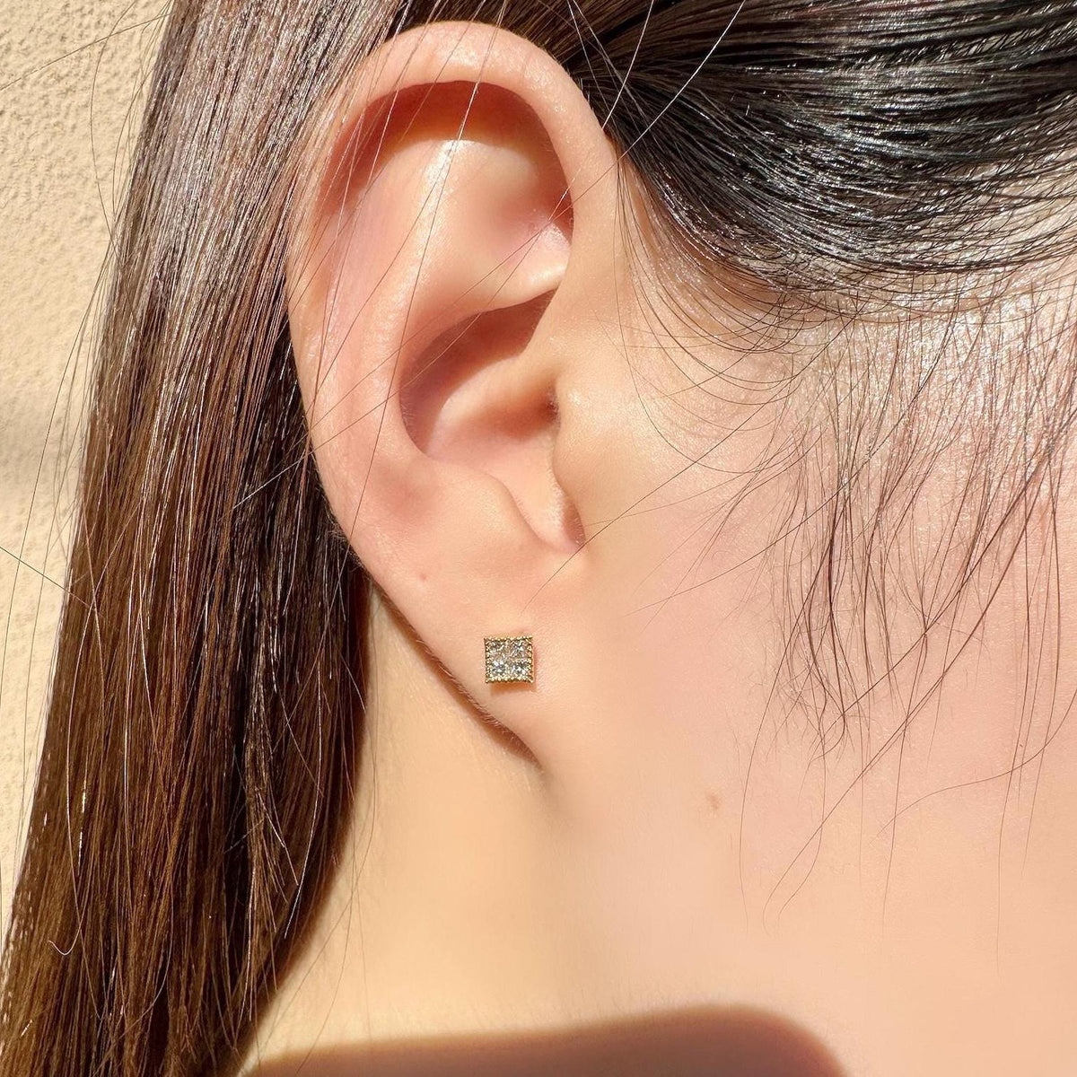 Genuine Diamond Square Bezel Stud Earrings in 18k Solid Gold