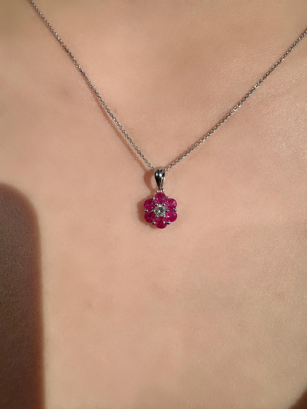 Genuine Round Rubies and Diamond Flower Pendant | 18k Solid Gold