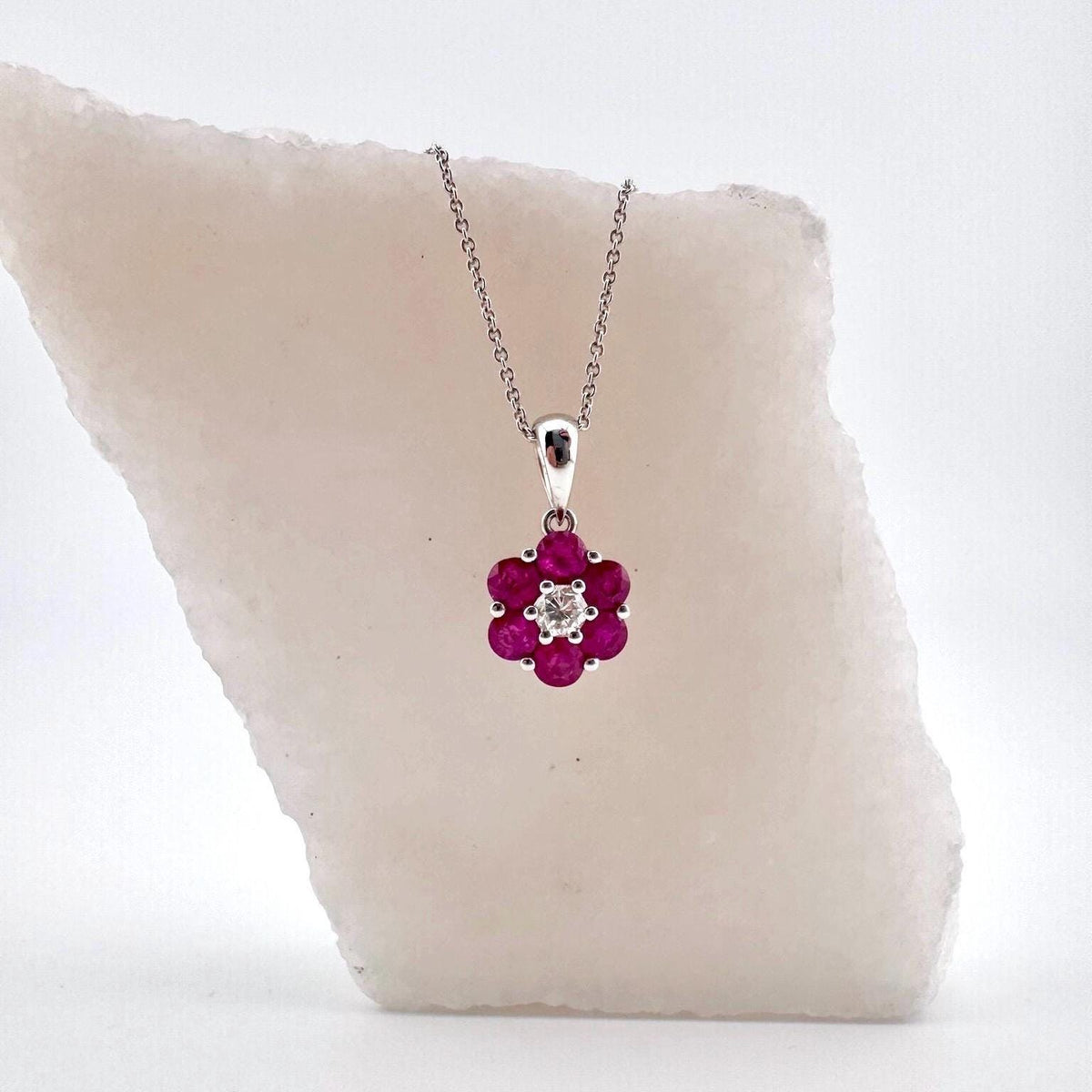 Genuine Round Rubies and Diamond Flower Pendant | 18k Solid Gold