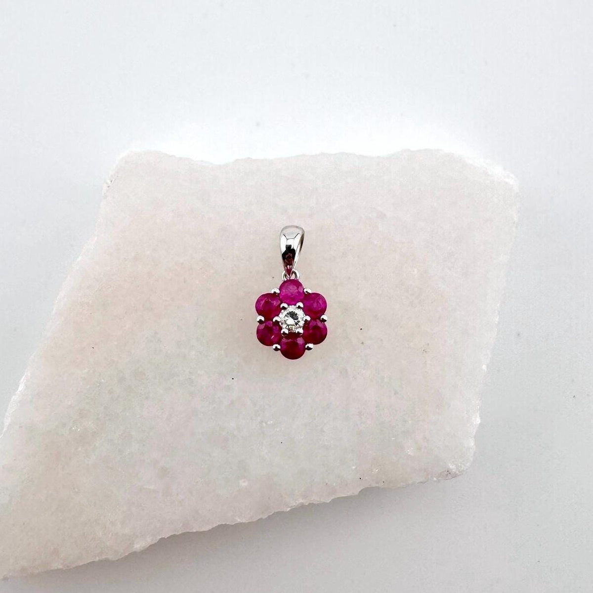 Genuine Round Rubies and Diamond Flower Pendant | 18k Solid Gold