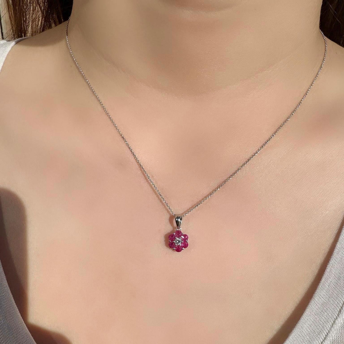 Genuine Round Rubies and Diamond Flower Pendant | 18k Solid Gold