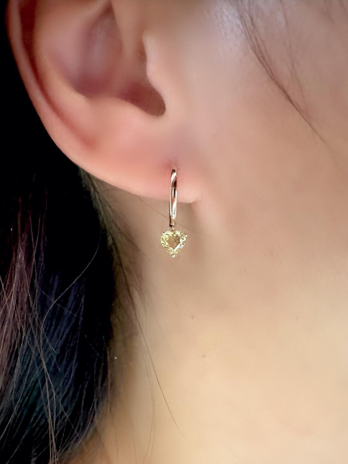 Genuine Green Sapphire Mini Heart Dangle Hoops / 14k Solid Gold
