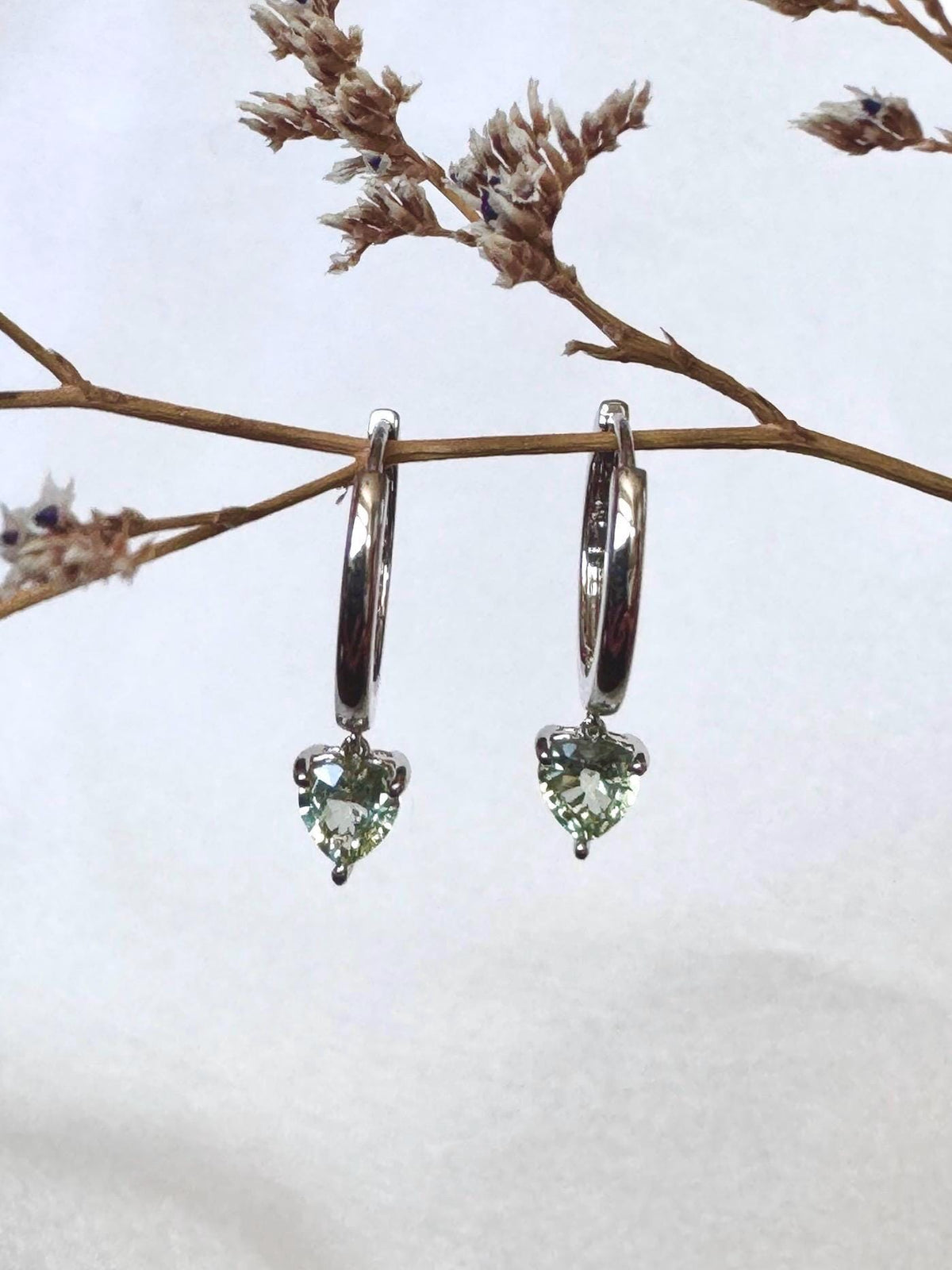 Genuine Green Sapphire Mini Heart Dangle Hoops / 14k Solid Gold