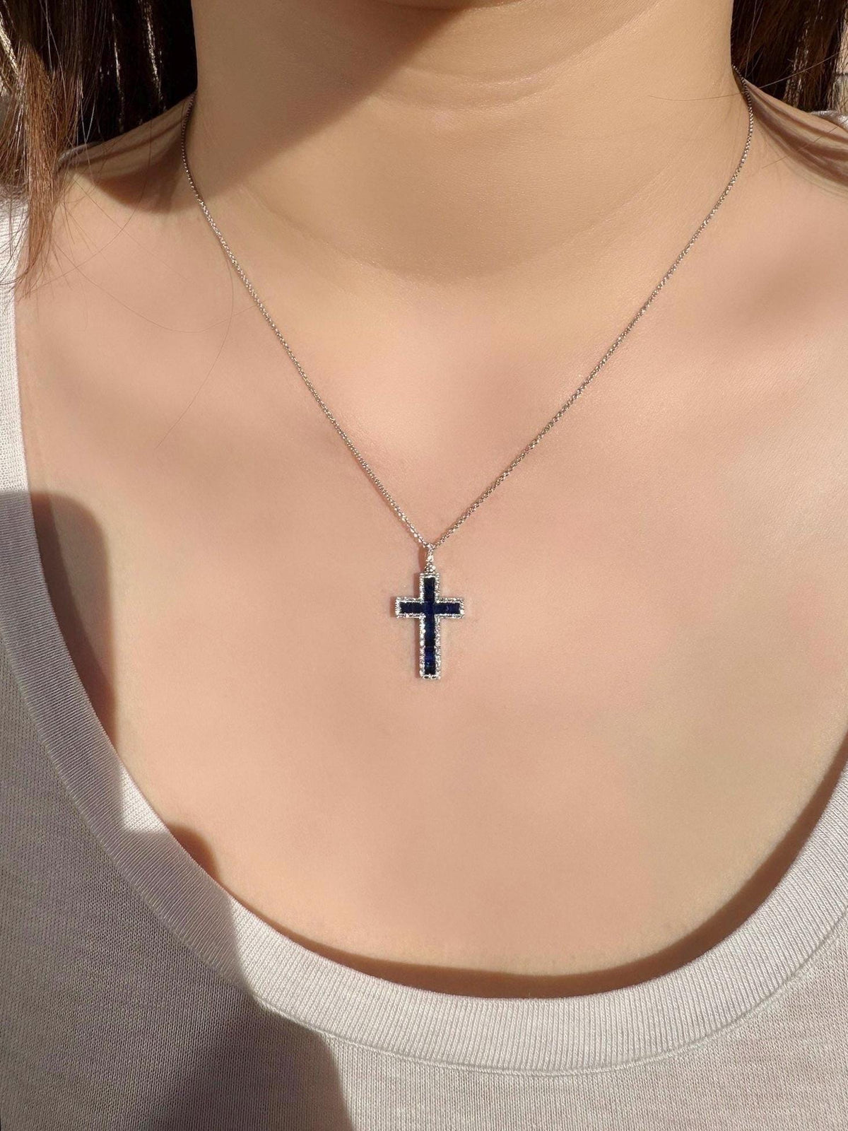 Genuine Sapphire and Diamond Tapered Cross Pendant | 14k Solid Gold