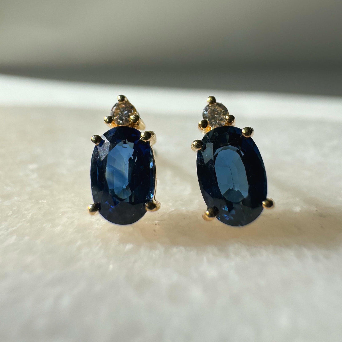 Genuine Sapphire and Diamond Oval Stud Earrings in 14k and 18k Solid Gold