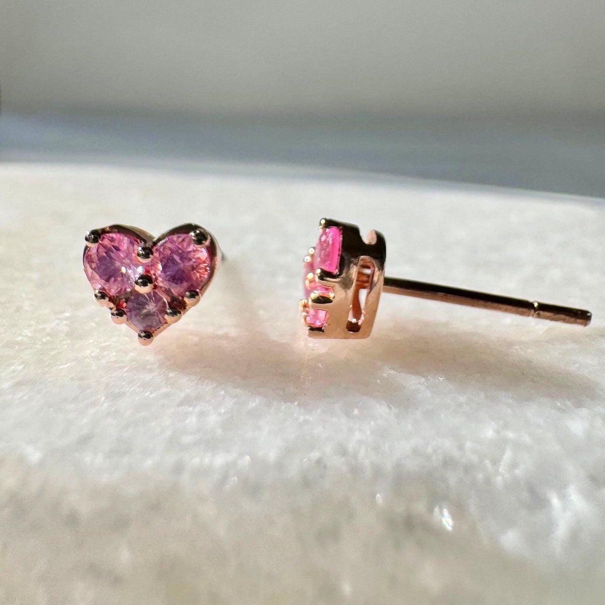 Natural Pink Sapphire Studs / 14k Solid Gold Heart Earrings
