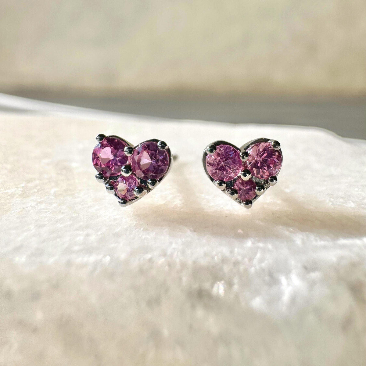 Natural Pink Sapphire Studs / 14k Solid Gold Heart Earrings