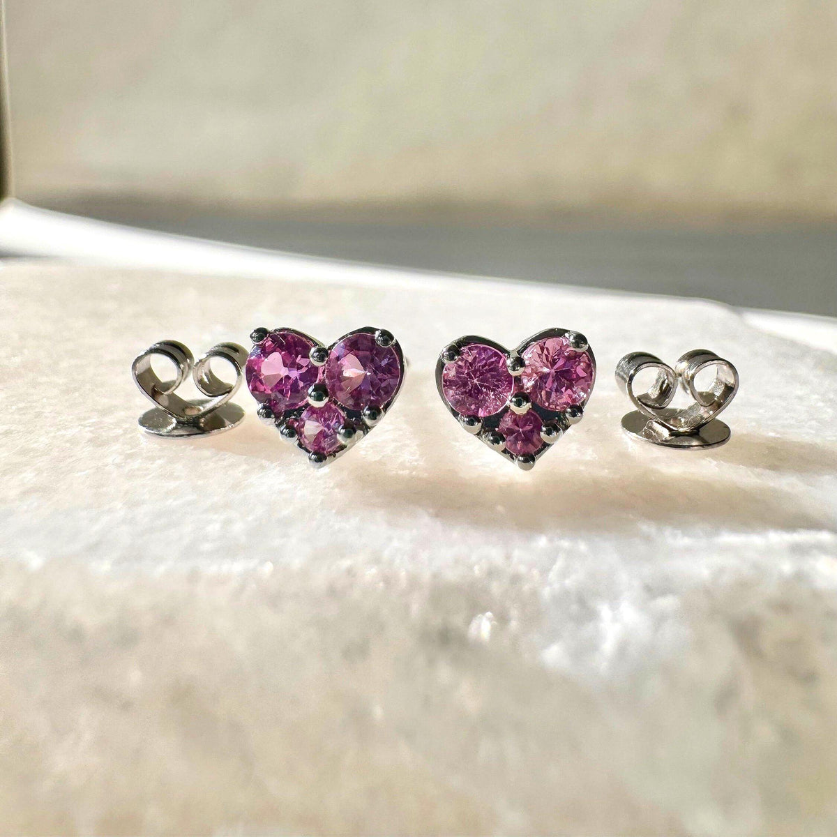 Natural Pink Sapphire Studs / 14k Solid Gold Heart Earrings
