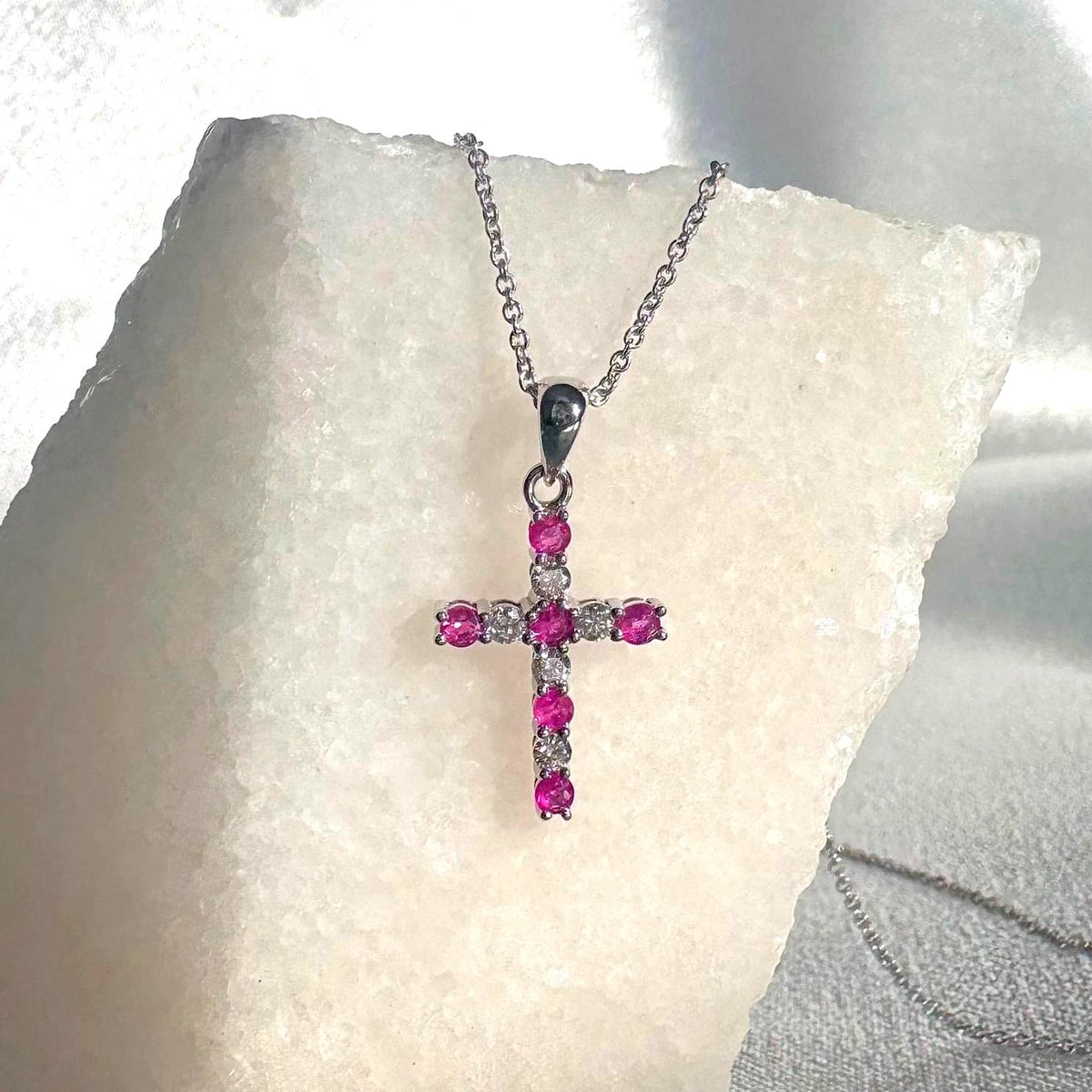 Genuine Ruby and Diamond Cross Pendant | 14k Solid Gold