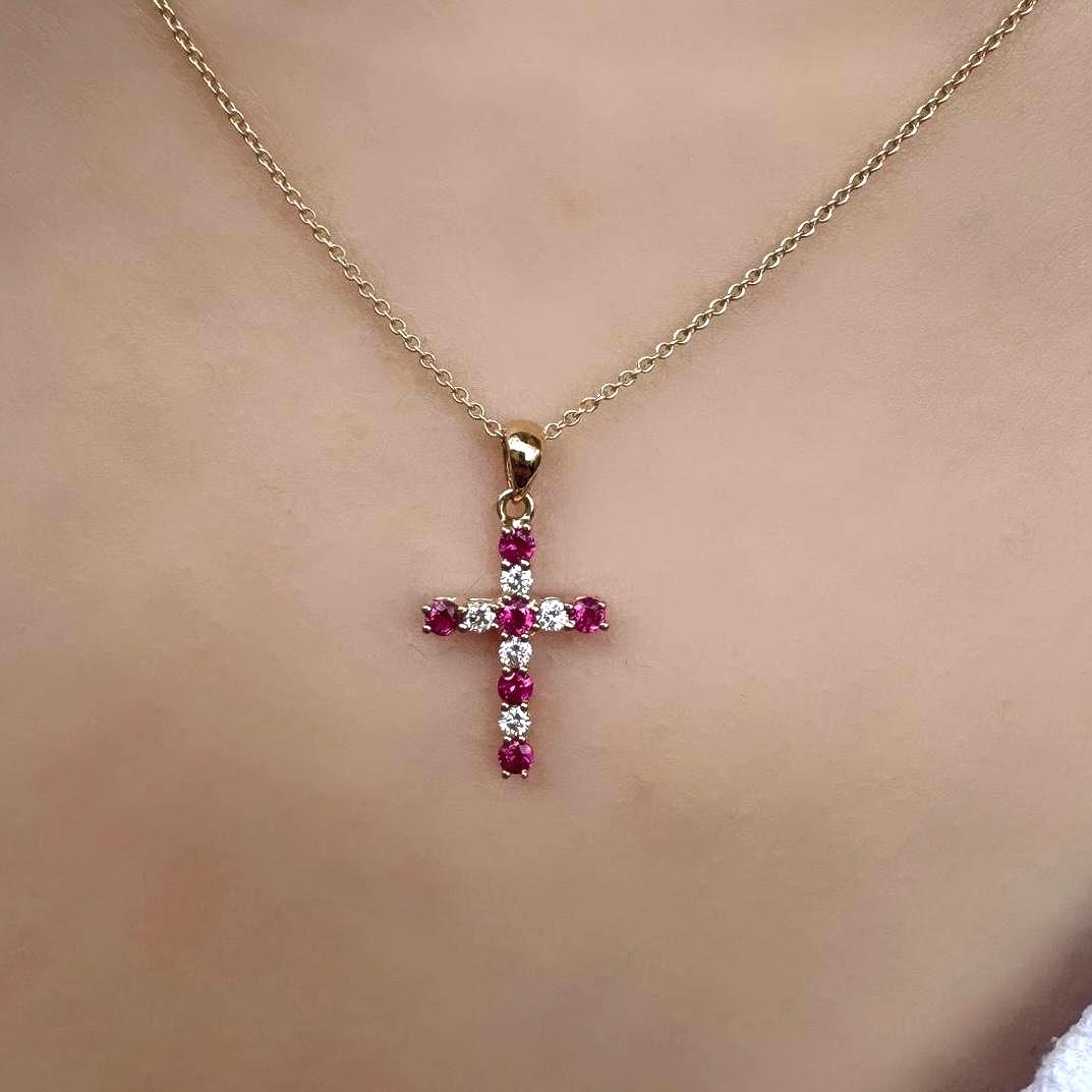 Genuine Ruby and Diamond Cross Pendant | 14k Solid Gold