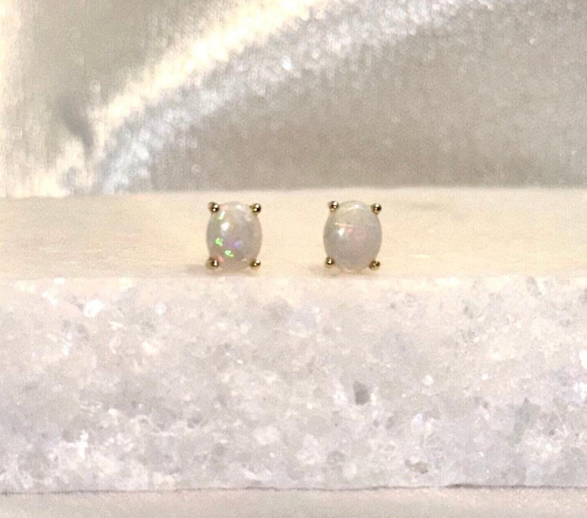 Genuine Opal Oval Cut Solitaire Stud Earrings in 14k Solid Gold