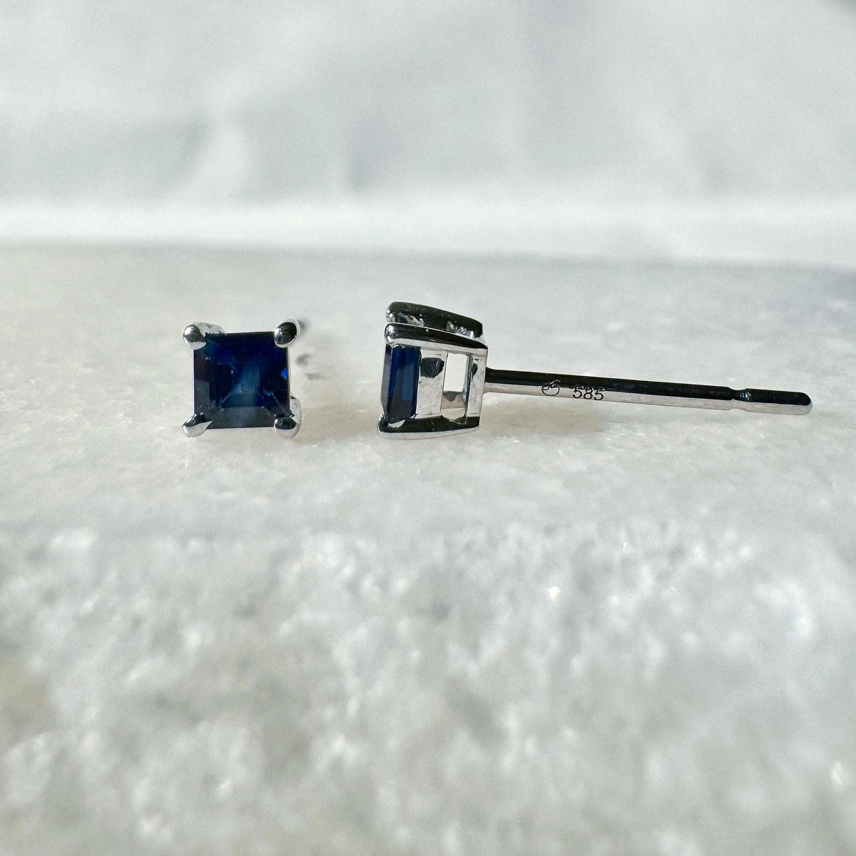 Genuine Sapphire Princess Cut Stud Earrings | 14k Solid Gold