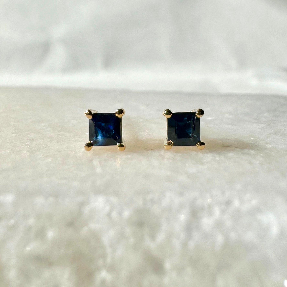 Genuine Sapphire Princess Cut Stud Earrings | 14k Solid Gold
