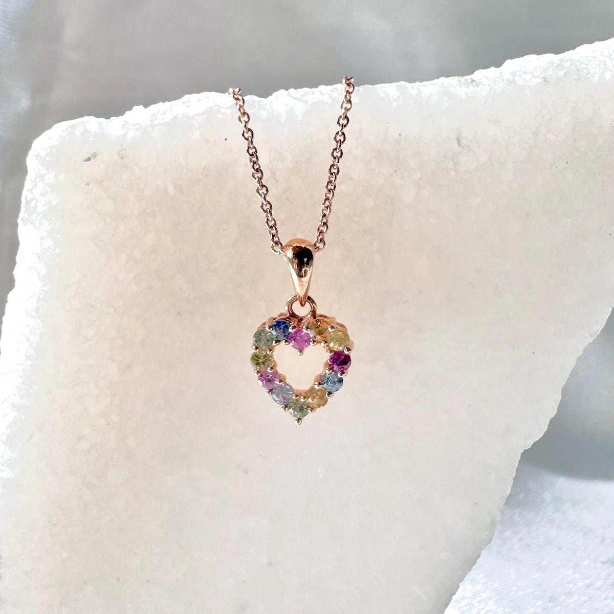 Genuine Rainbow Sapphire Heart Pendant | 14k Solid Gold