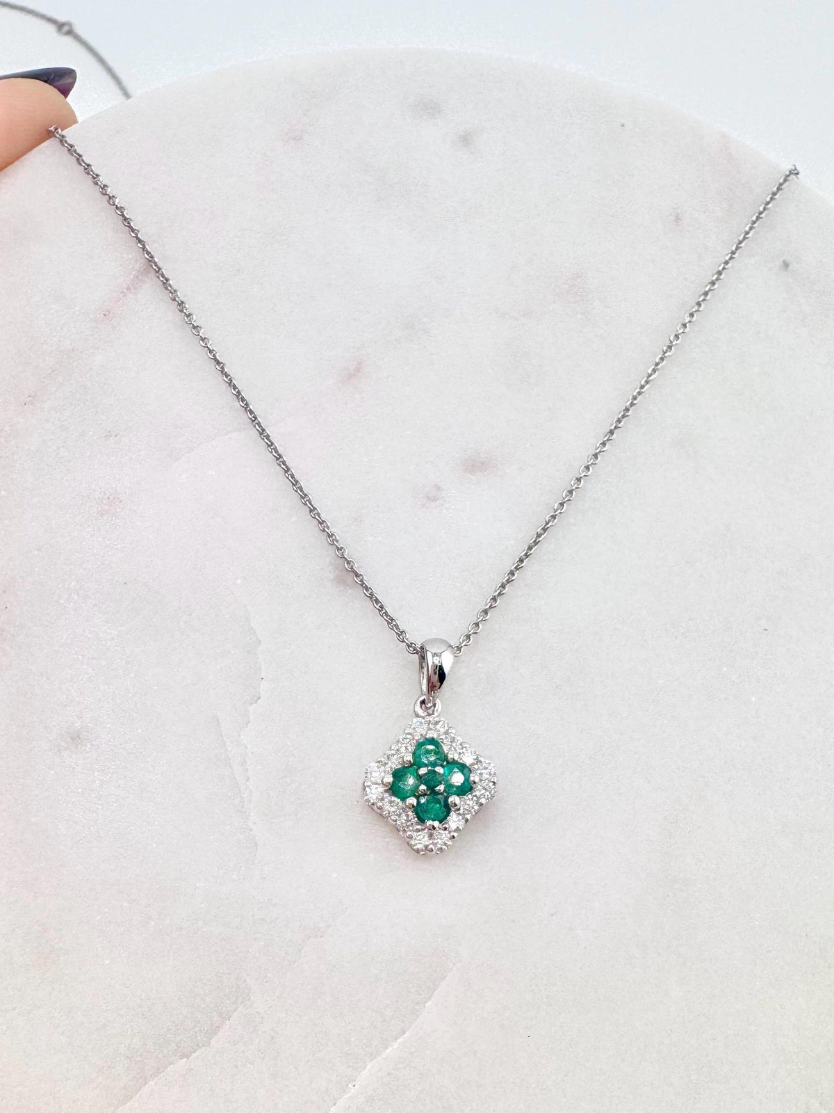 Genuine Emerald and Diamond Square Pendant in 18k Solid White Gold