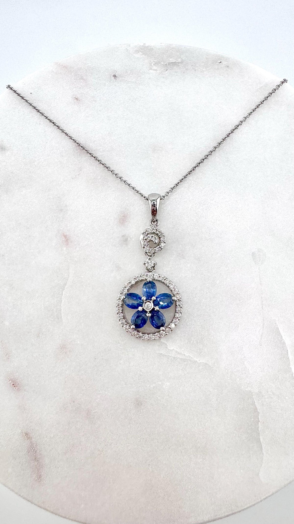 18k White Gold Sapphire Diamond Flower Halo Pendant, September Birthstone Gift