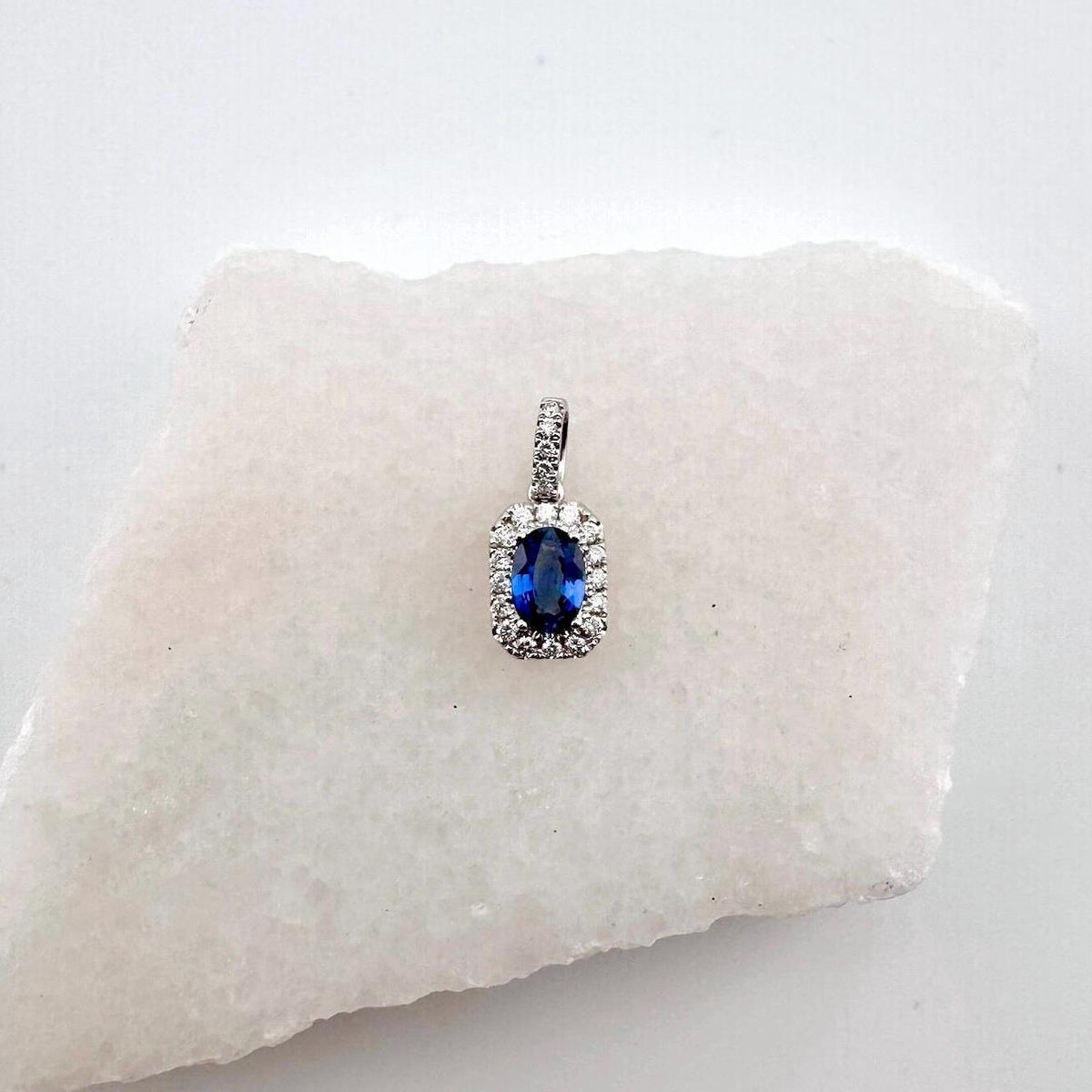 Genuine Sapphire and Diamond Halo Oval Cut Pendant, 18k Solid Gold, September Birthstone, Gift for Her