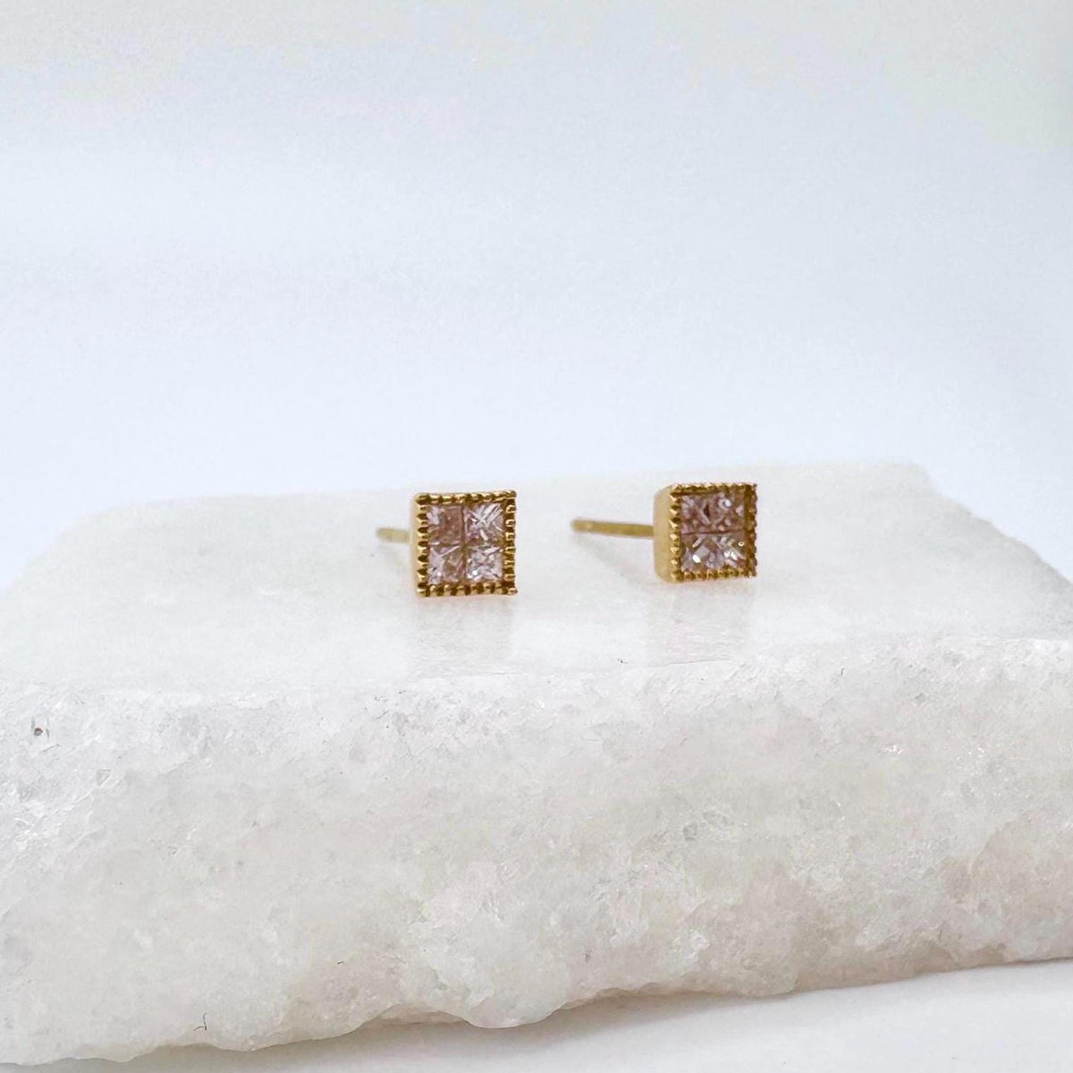 Genuine Diamond Square Bezel Stud Earrings in 18k Solid Gold