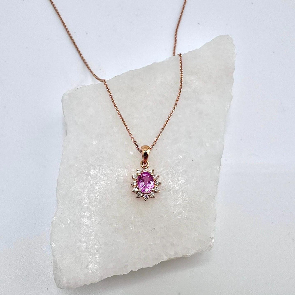 18k Gold Oval Pink Sapphire Diamond Halo Pendant, September Birthstone Gift