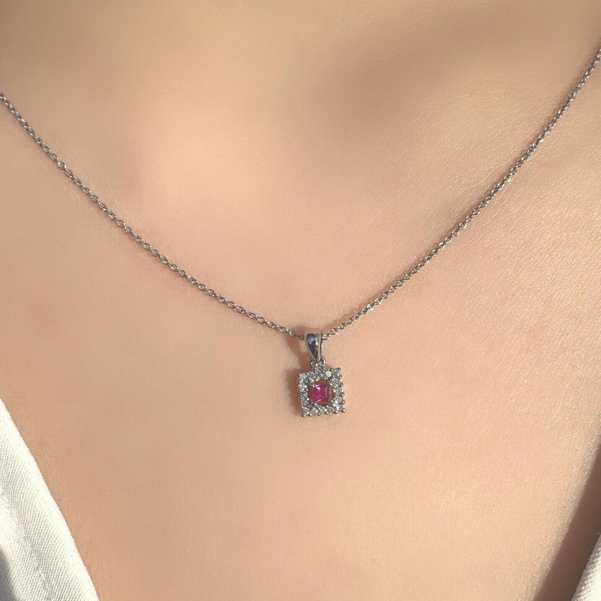 Genuine Ruby 3 mm Princess Cut and Diamond Pendant in 14k Solid Gold