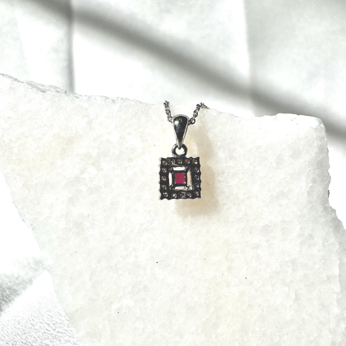Genuine Ruby 3 mm Princess Cut and Diamond Pendant in 14k Solid Gold