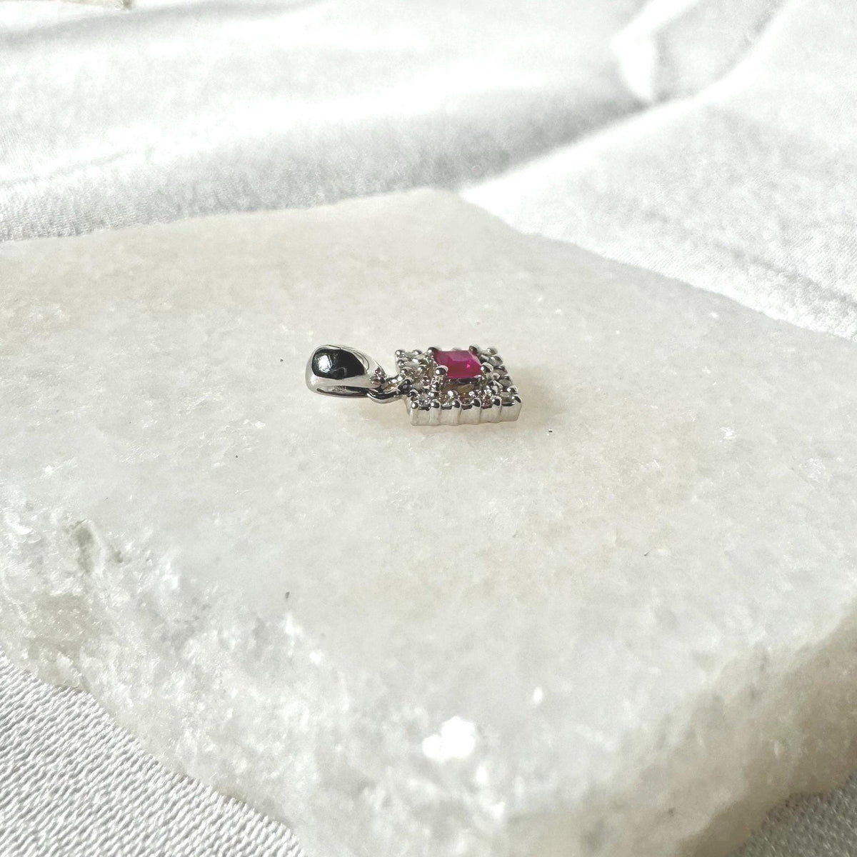 Genuine Ruby 3 mm Princess Cut and Diamond Pendant in 14k Solid Gold