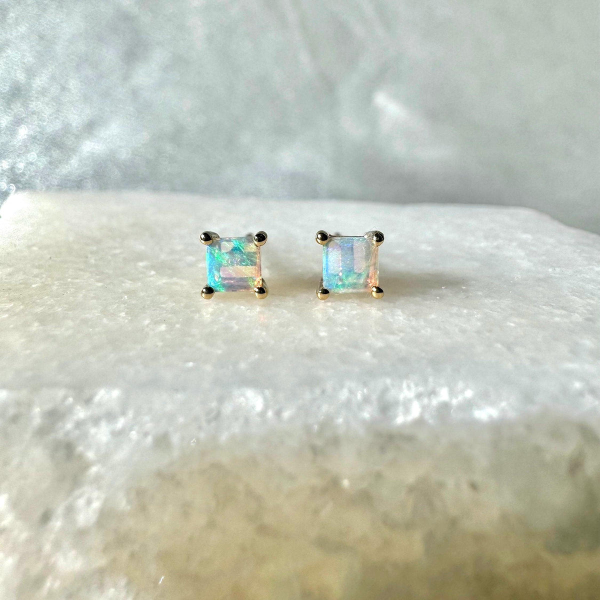 Genuine Opal 4mm Princess Cut Solitaire Stud Earrings / 14k Solid Gold