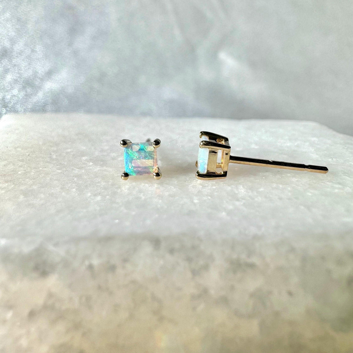Genuine Opal 4mm Princess Cut Solitaire Stud Earrings / 14k Solid Gold