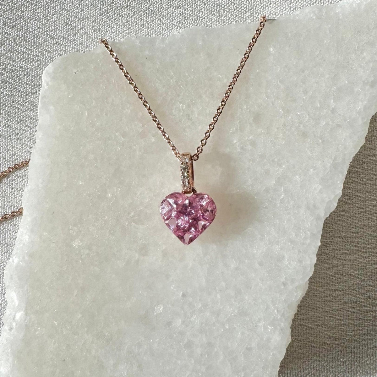 Genuine Pink Sapphire and Diamond Heart Pave Pendant | 14k Solid Gold