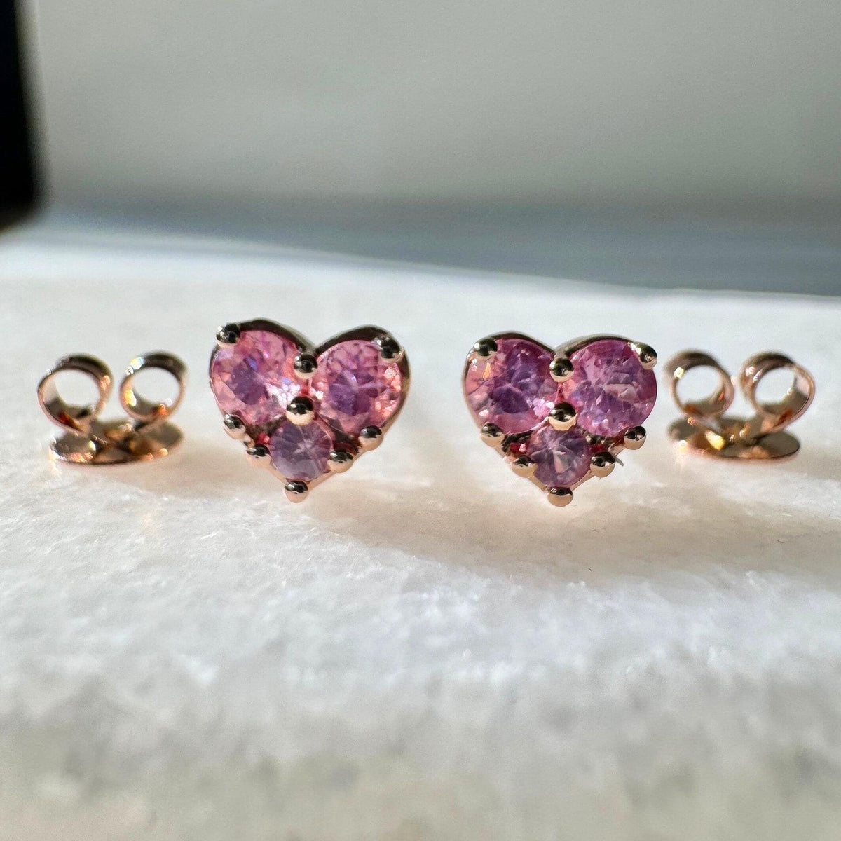Natural Pink Sapphire Studs / 14k Solid Gold Heart Earrings