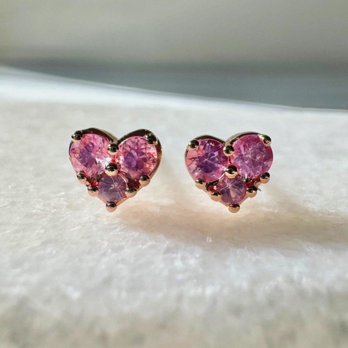 Natural Pink Sapphire Studs / 14k Solid Gold Heart Earrings