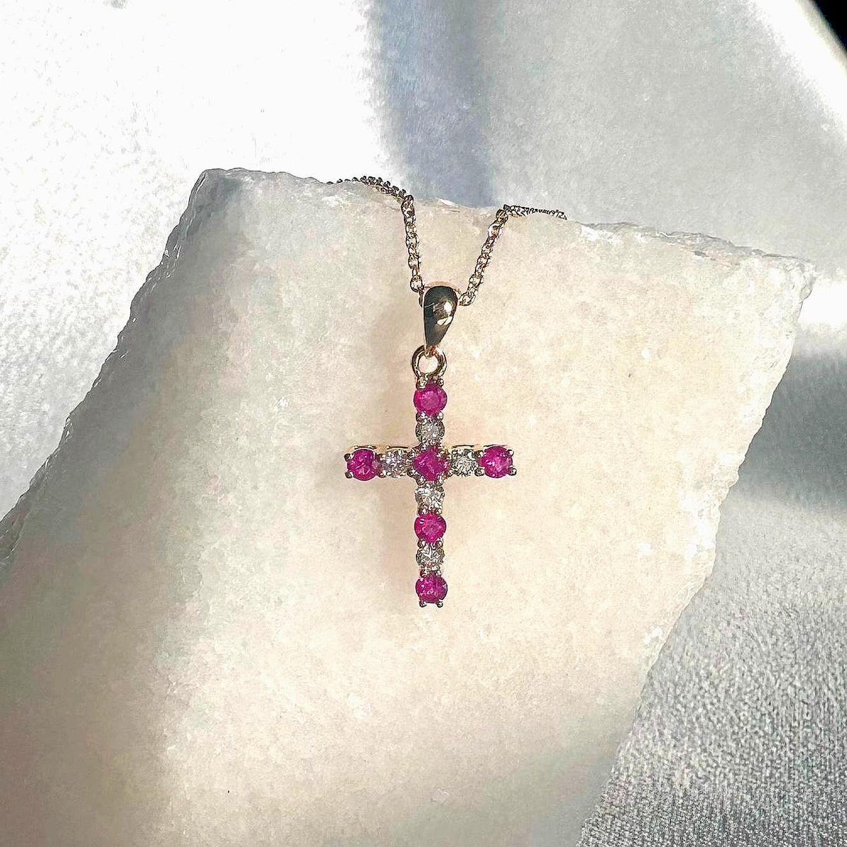 Genuine Ruby and Diamond Cross Pendant | 14k Solid Gold