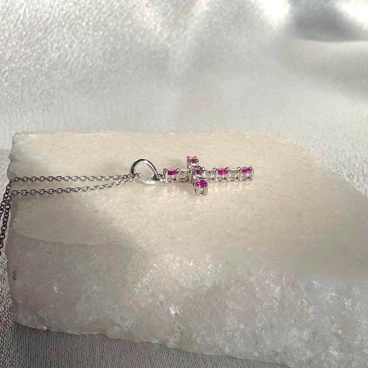 Genuine Ruby and Diamond Cross Pendant | 14k Solid Gold