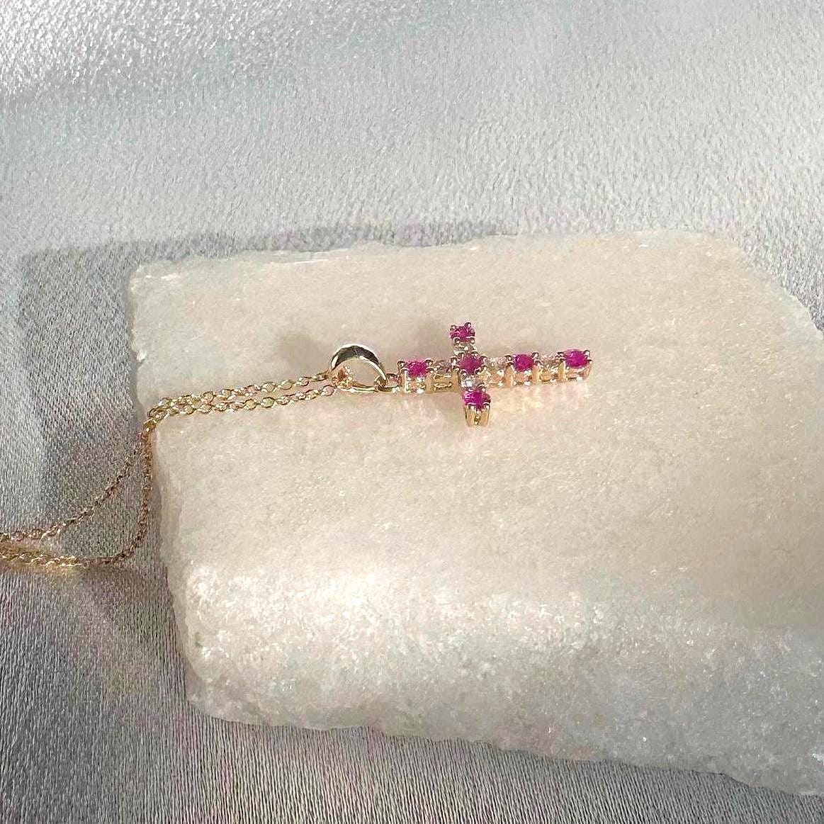 Genuine Ruby and Diamond Cross Pendant | 14k Solid Gold
