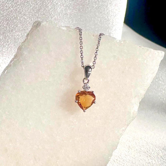 Genuine Citrine and Diamond Heart Pendant in 14k Solid Gold