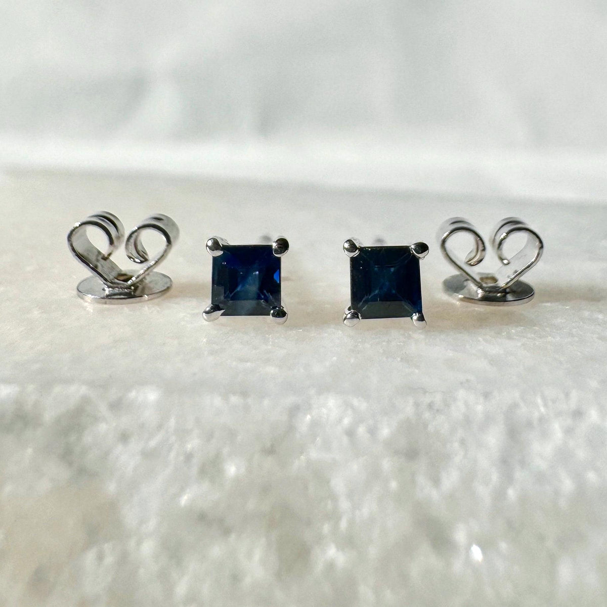 Genuine Sapphire Princess Cut Stud Earrings | 14k Solid Gold
