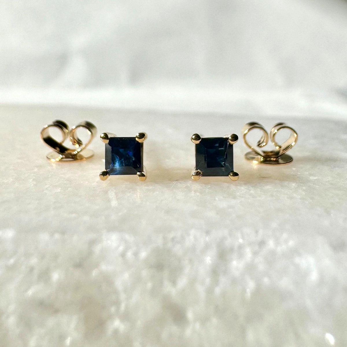 Genuine Sapphire Princess Cut Stud Earrings | 14k Solid Gold