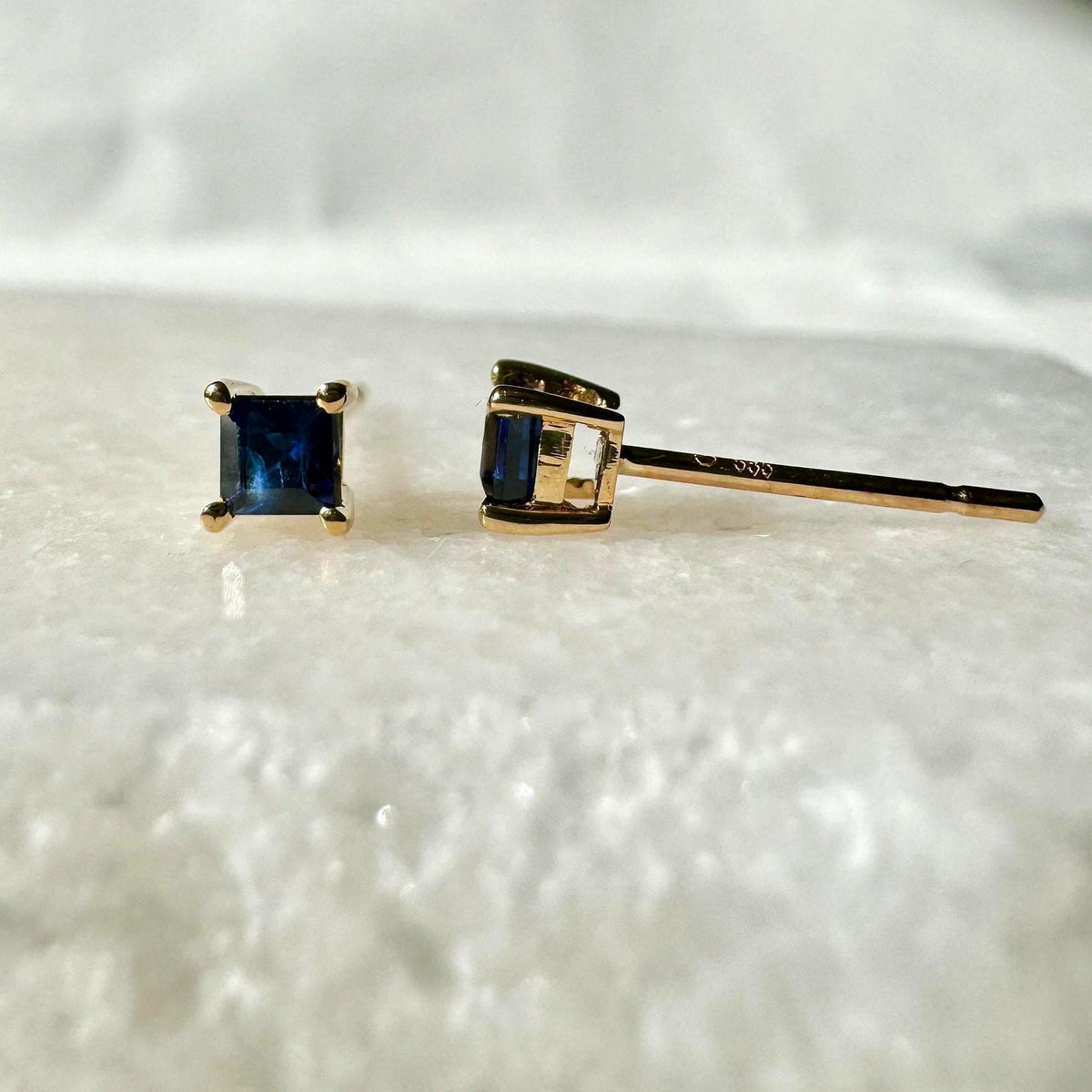 Genuine Sapphire Princess Cut Stud Earrings | 14k Solid Gold