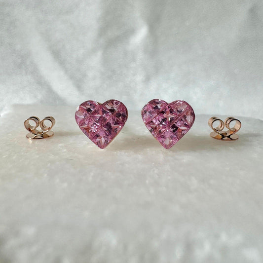 Genuine Pink Sapphire Pavè Heart Earrings | 14k Solid Gold