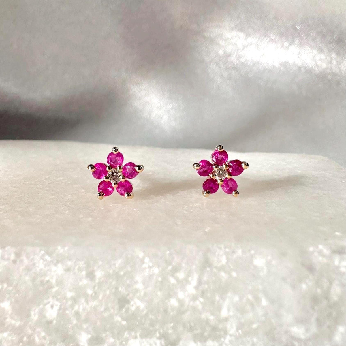 Genuine Ruby and Diamond Flower Stud Earrings in 14k Solid Gold