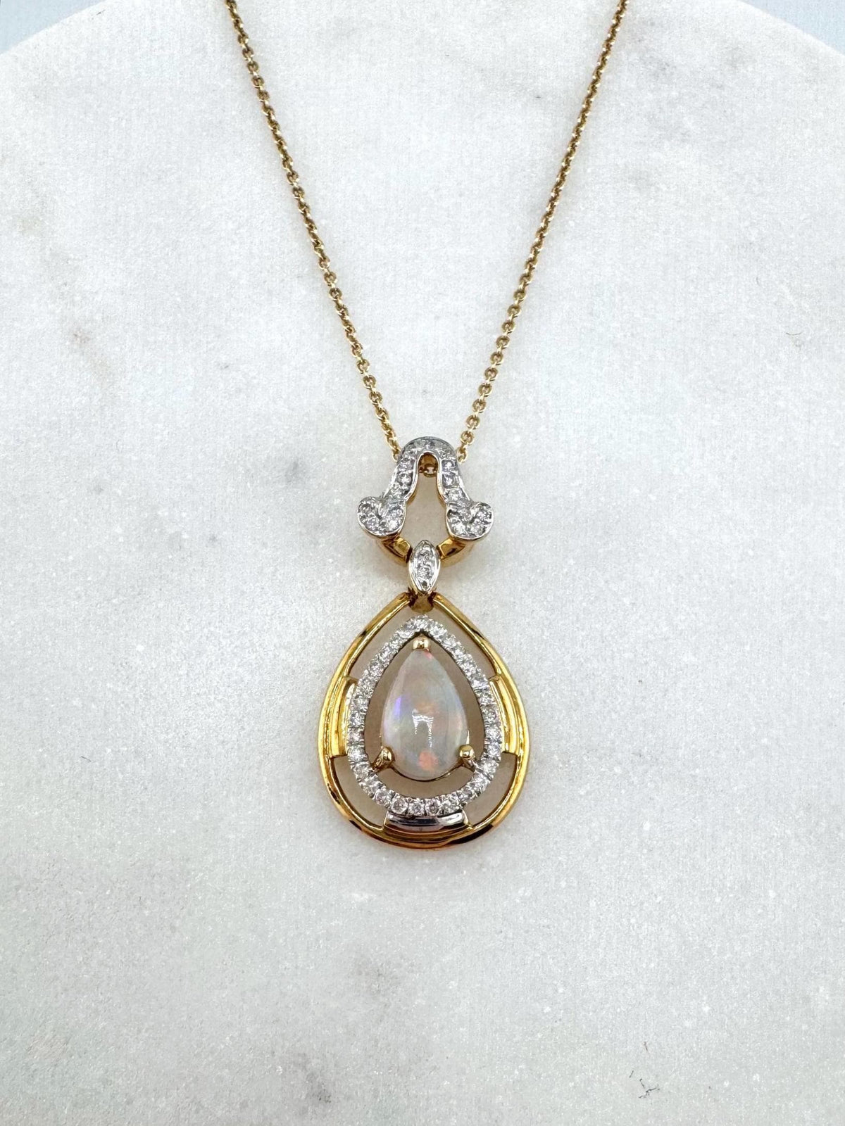 Genuine Teardrop Opal and Diamond Pendant in 18k Solid Yellow Gold