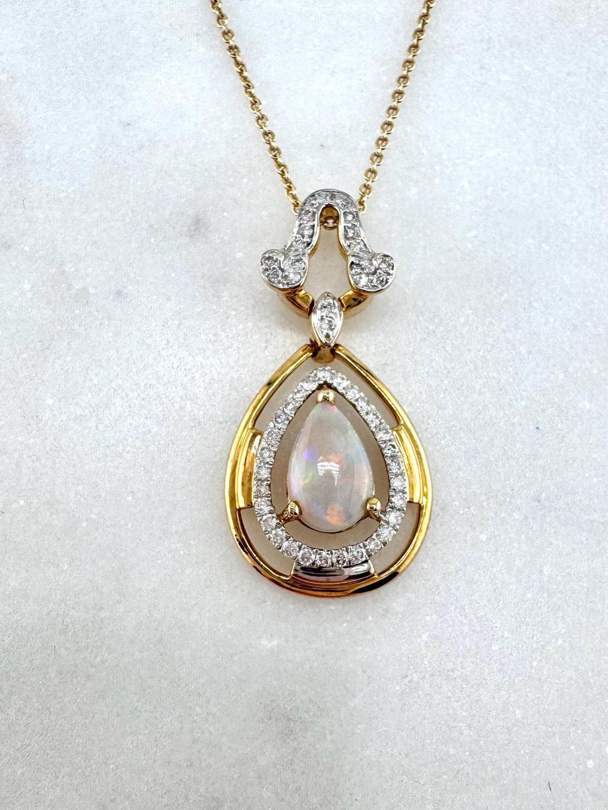 Genuine Teardrop Opal and Diamond Pendant in 18k Solid Yellow Gold