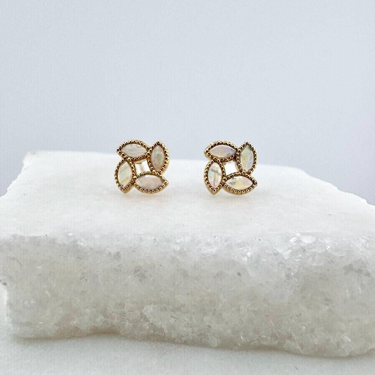Genuine Opal Clover Stud Earrings, 18k Solid Yellow Gold, October Birthstone, Gift for Her