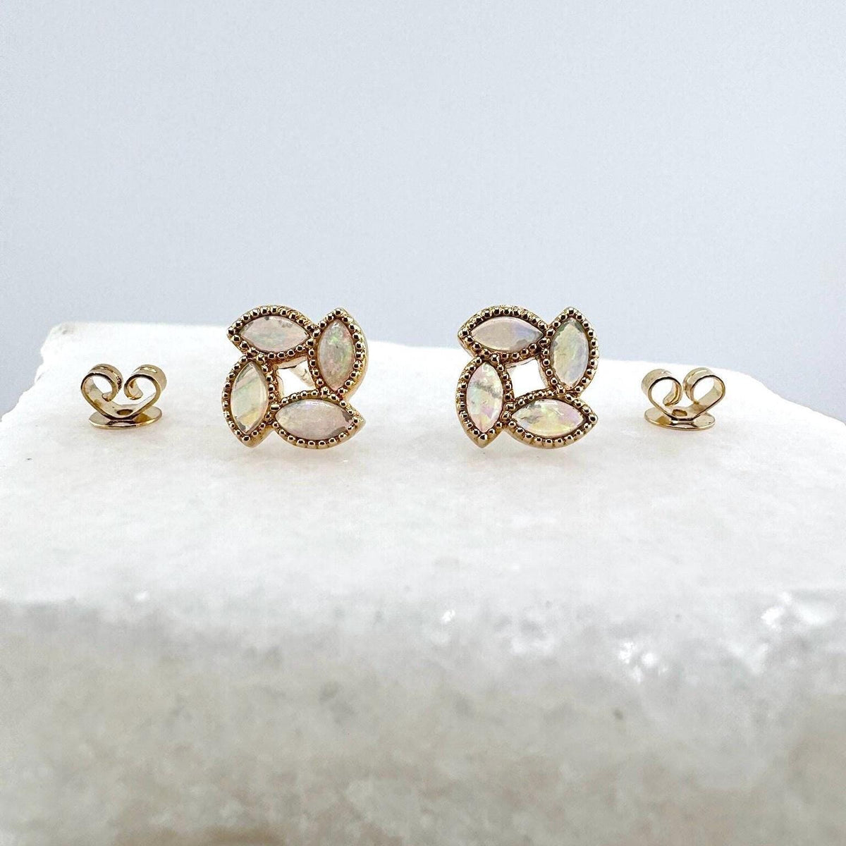 Genuine Opal Clover Stud Earrings, 18k Solid Yellow Gold, October Birthstone, Gift for Her