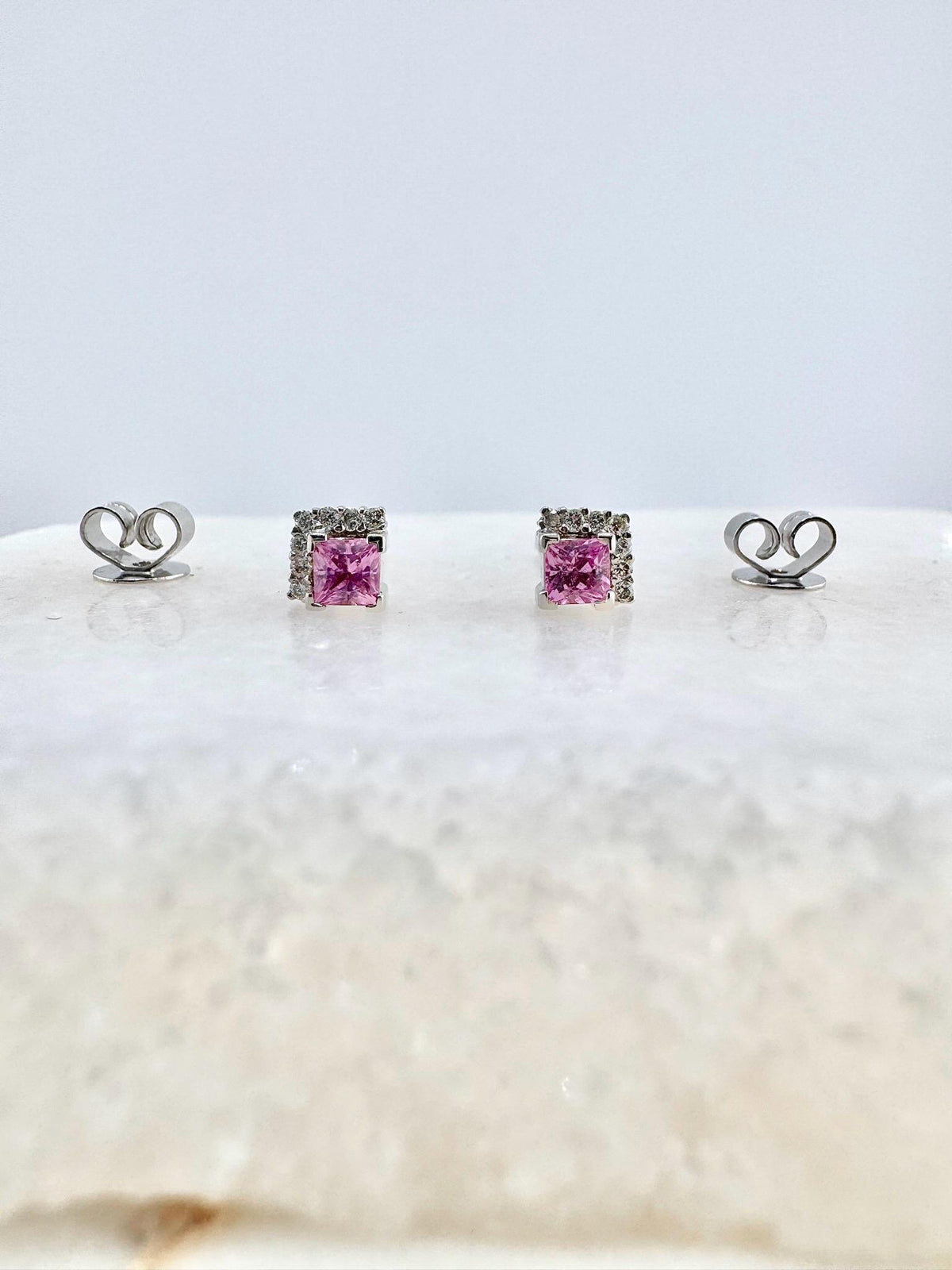 Genuine Pink Sapphire and Diamond Stud Earrings in 18k Solid White Gold