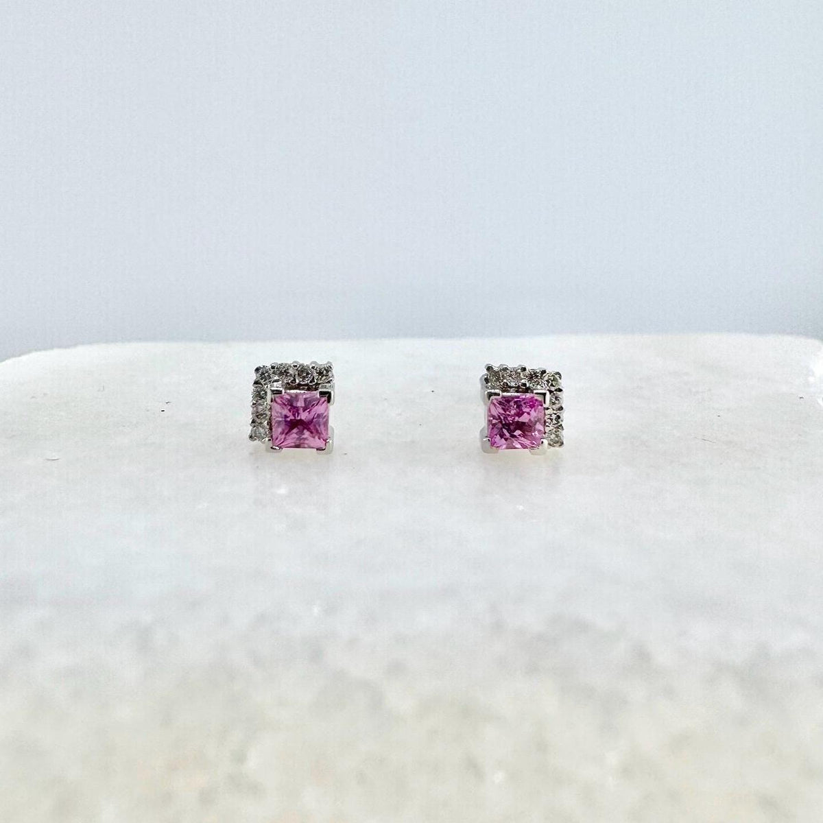 Genuine Pink Sapphire and Diamond Stud Earrings in 18k Solid White Gold