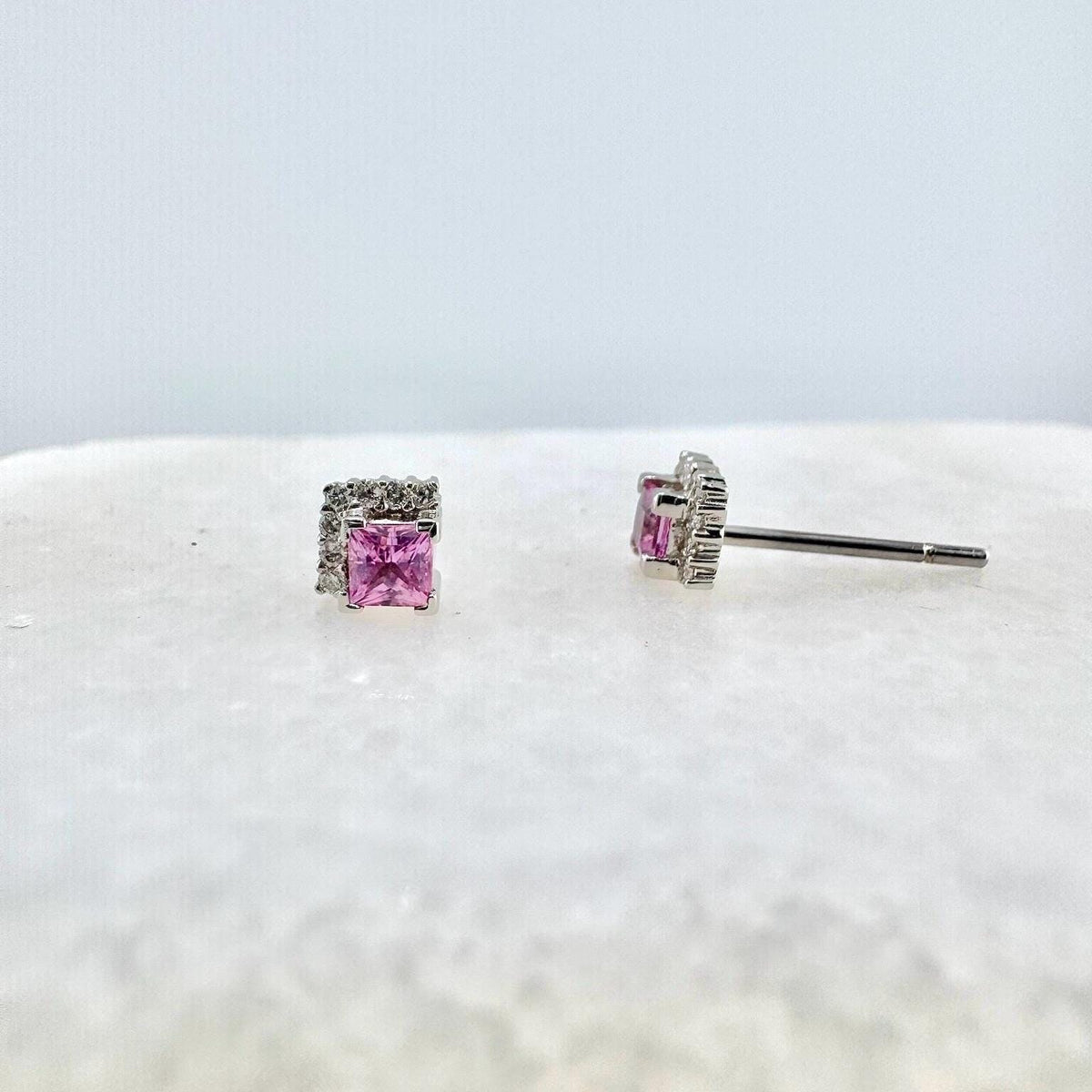 Genuine Pink Sapphire and Diamond Stud Earrings in 18k Solid White Gold