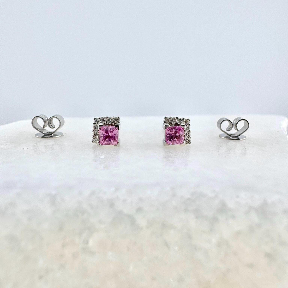 Genuine Pink Sapphire and Diamond Stud Earrings in 18k Solid White Gold
