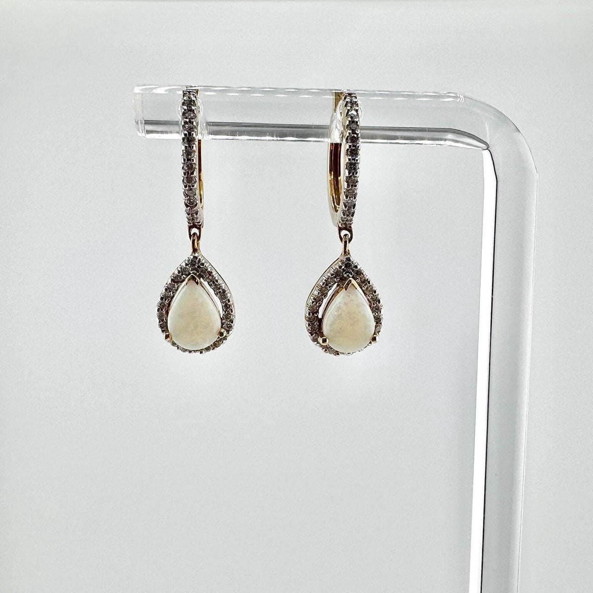 18k Solid Yellow Gold Teardrop Opal Diamond Halo Huggie Hoops, October Birthstone Earrings
