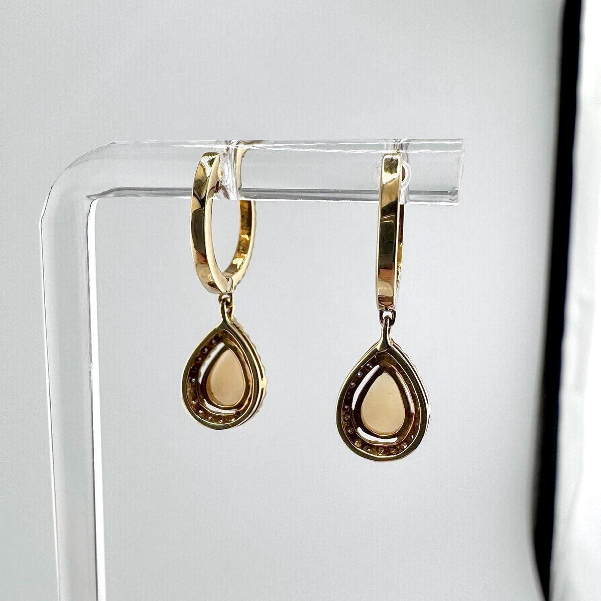 18k Solid Yellow Gold Teardrop Opal Diamond Halo Huggie Hoops, October Birthstone Earrings
